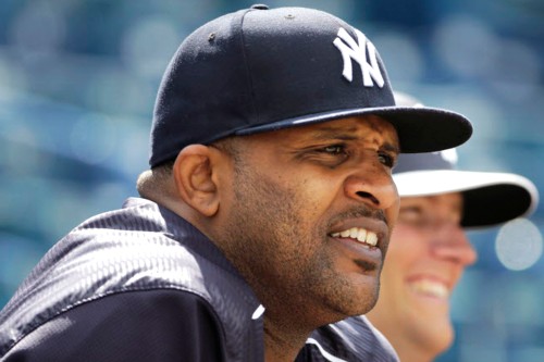 New York Yankees starting pitcher CC Sabathia watches a fielding drill before an exhibition baseball game against the Detroit Tigers in Tampa, Fla., Tuesday, March 24, 2015. (AP Photo/Kathy Willens)